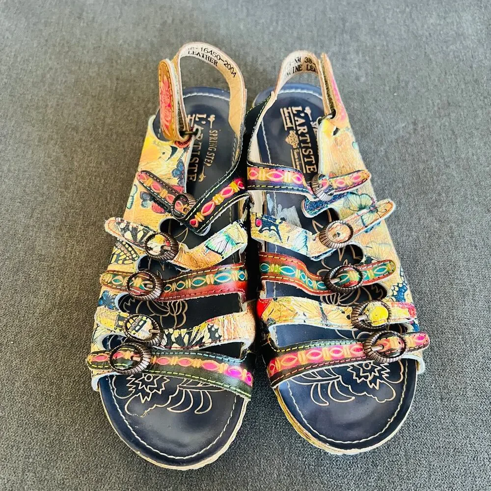 L'Artiste Spring Step Taffyta Leather Sandals 38 Floral Boho Art Teacher Shoes